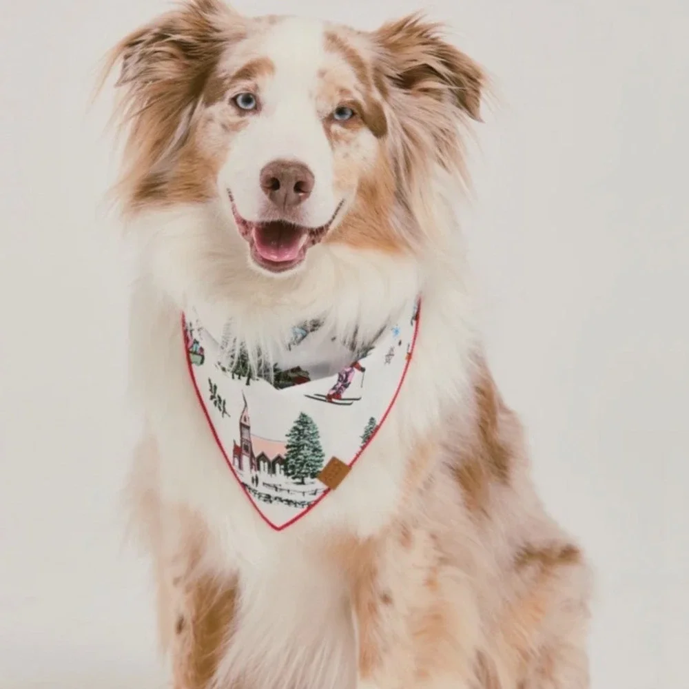 Katie Kime Winter Toile Dog Bandana Pet L/XL White Red Holiday Skiing Scarf